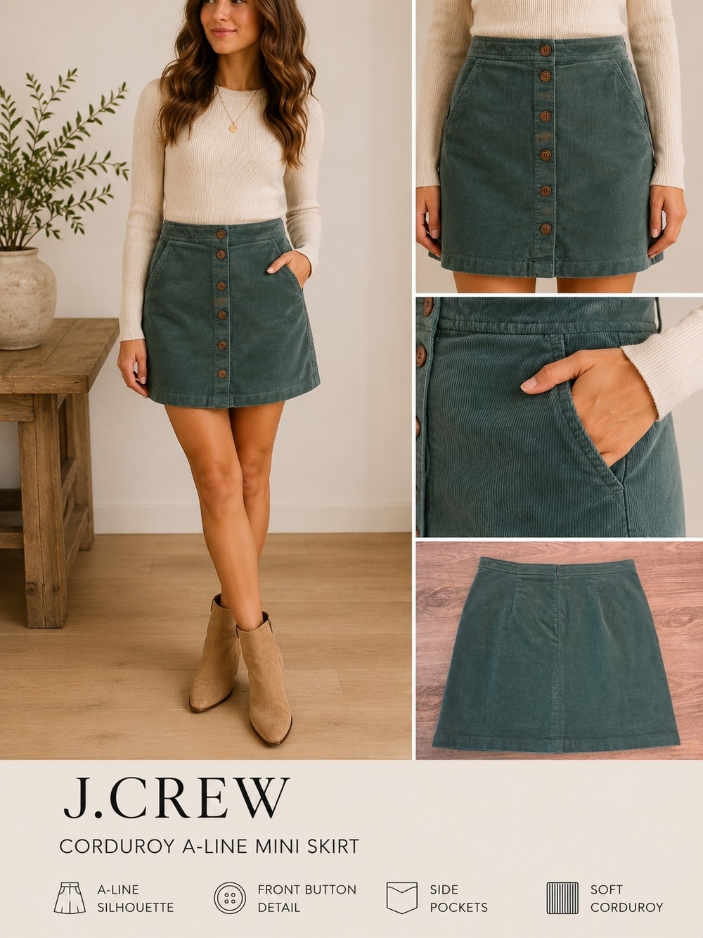 J.Crew Green Corduroy Button Front A-Line Mini Skirt Pockets Size 0